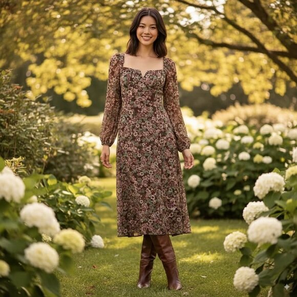 ASTR Floral V Front Long Sleeve Midi Dress in Brown Mauve Floral Size Small NWT - Picture 1 of 11